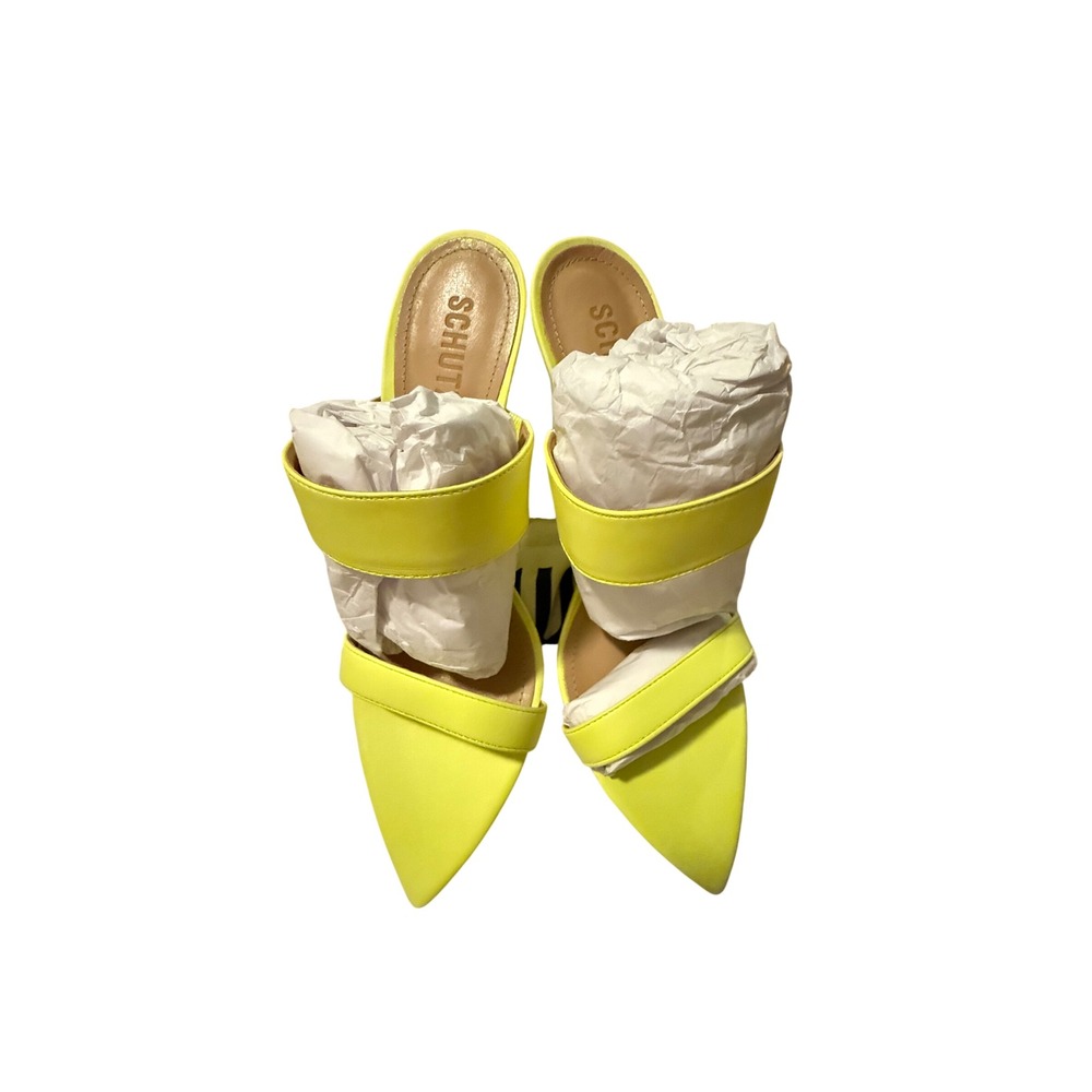 Schutz Soraya Neon Yellow Napa Leather Wedge Sandals Pointed Toe Mules Size 9.5B